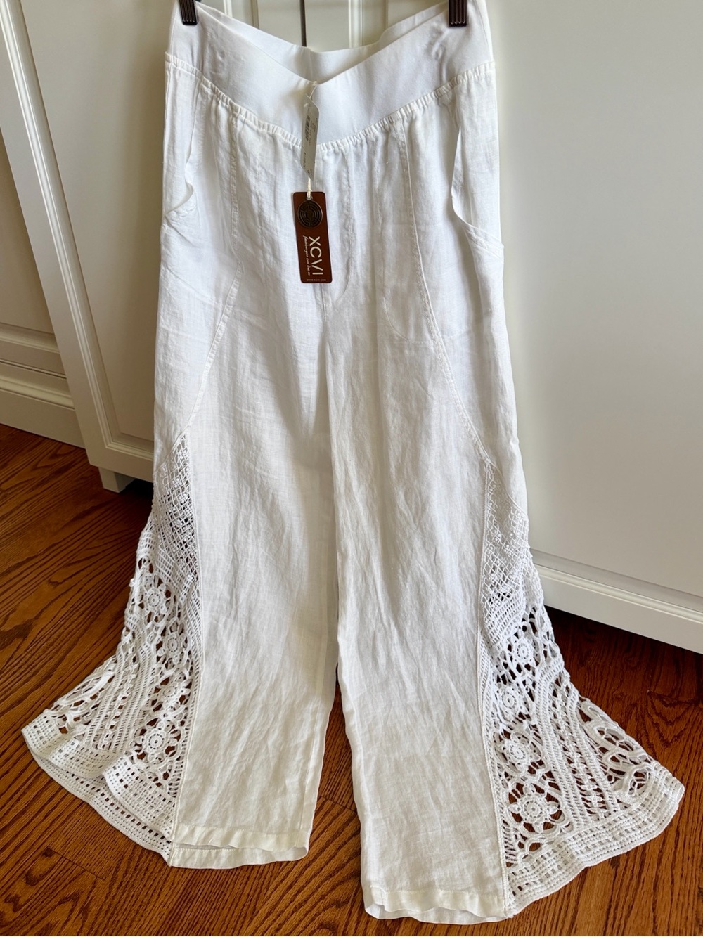 XCVI White Crochet-Trim Wide Leg Linen Pants S NWT